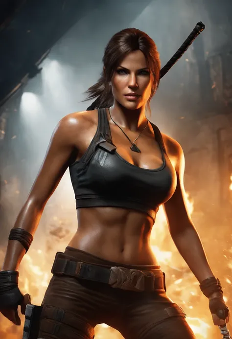 a detailed illustration of Lara Croft, in a 3D rendered style, in a Tekken fighter outfit, Tekken outfit, thong, in a fighter arena, dynamic and confident pose, fierce determination, extraordinary acrobatics, with realistic lighting and shadows, high contr...