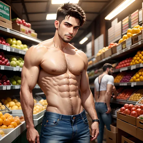 Homem brasileiro sexy sem camisa vestindo jeans com olhos azuis. Fundo mercado de frutas