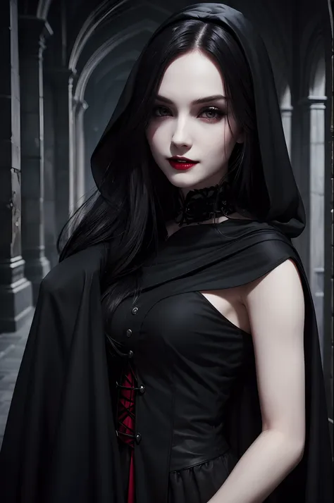 handsome girl , a vampire in black clothes and a black cloak, white long hair, pale skin, red hungry eyes, slender figure, tende...