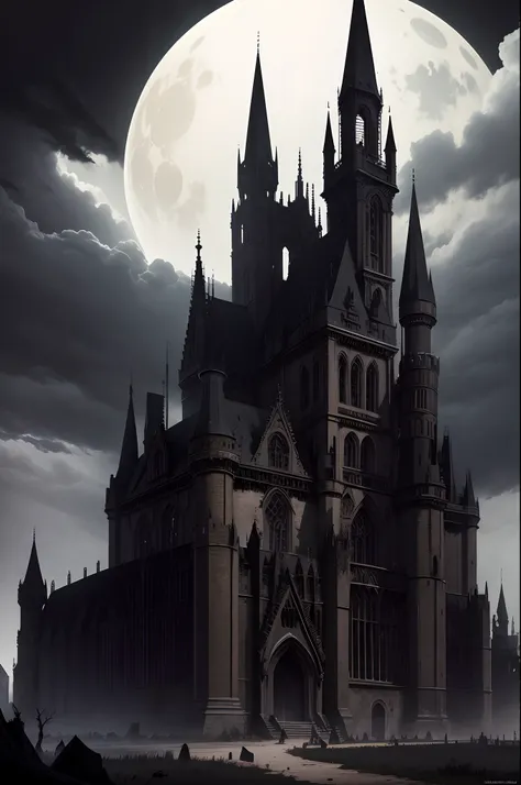 huge Gothic castle, The dark tall teeth of the towers, Black clouds, Black Night, Blood Moon, draw a lot of details, Ancient cracked stones, Marble , Black stones, graveyard , Coffins, Dry trees, Twisted windows and doors, gloomy old, max detail, Artistic ...