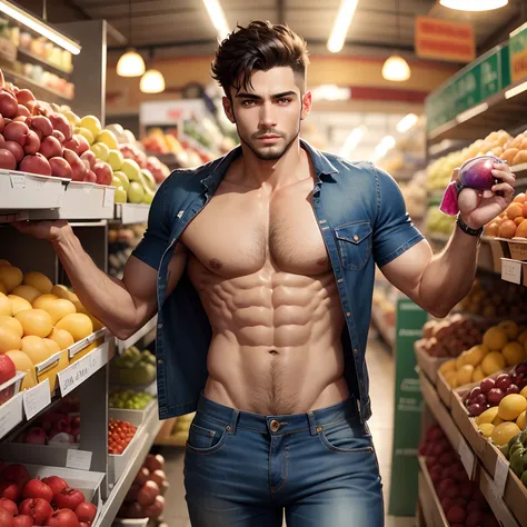 Homem brasileiro sexy sem camisa vestindo jeans com olhos azuis. Fundo mercado de frutas