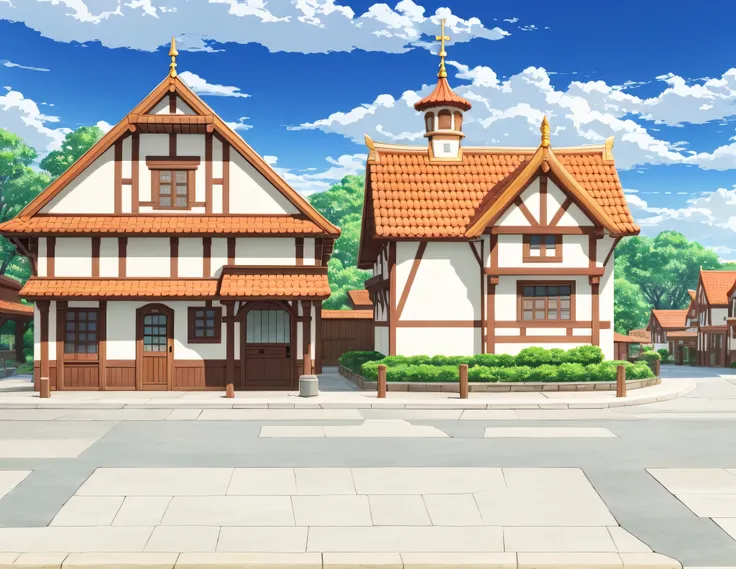 Anime-style architecture，There are benches and benches in front, town center background, town background, tavern background, art style of rune factory 5, town in the background, Anime background art, arte de fundo, distant village background, fundo de casa...