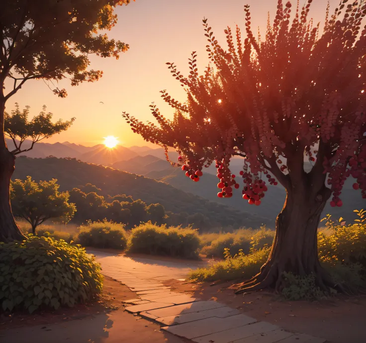 Sunset with fruit-laden fruit trees