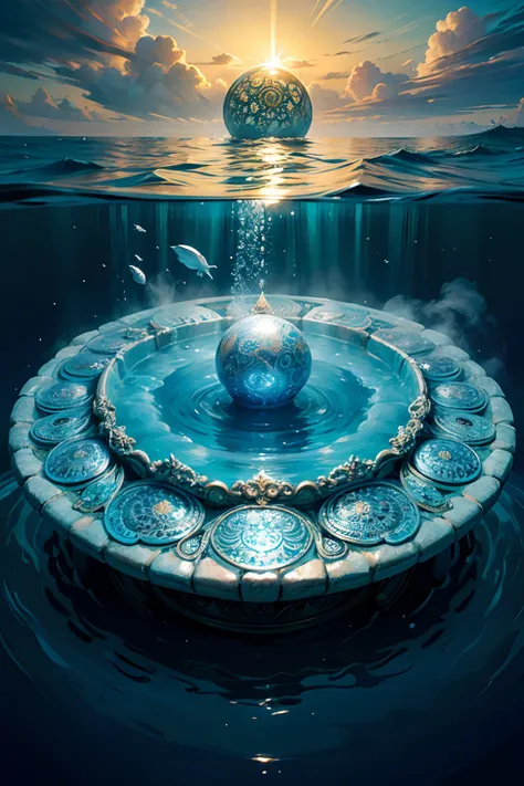 A round ornamental mandala made of a swirling, whirlpool of splashing blue ocean water.