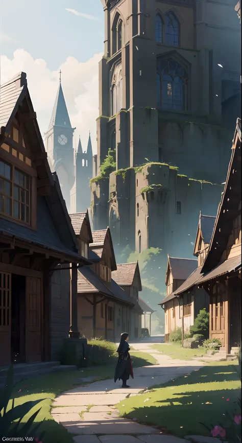 (by Greg Rutkowski: 1.2), (masterpiece), (best quality), extremely delicate and beautiful, illustration, (fantasy landscape), A mesmerizing fantasy landscape with enchanting elements blending seamlessly. (medieval village, houses, medieval fantasy), from B...