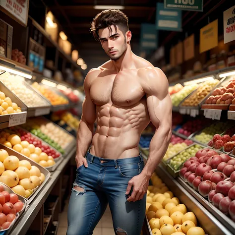 Sexy shirtless Brazilian man wearing jeans with blue eyes. Fundo mercado de frutas