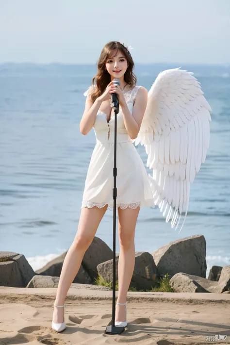 arafed woman in white dress holding a microphone and angel wings, taylor swift as a heavenly angel, tall female angel, full - body majestic angel, emma watson as an angel, wearing angel, angel-themed, young wan angel, of an beautiful angel girl, beautiful ...