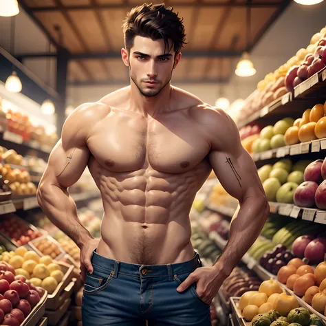 Sexy shirtless Brazilian man wearing jeans with blue eyes. Fundo mercado de frutas