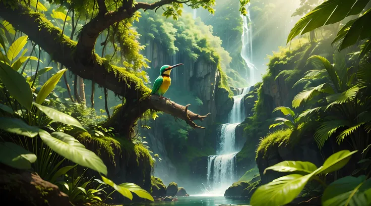 beste-Qualit, ultra-detailed, (photoreallistic), jungle fantastique, European bee-eater with bright colors fly, green jungle with a waterfall in the background, profondeur de champ, grain de film, professional lighting, Colorful scene