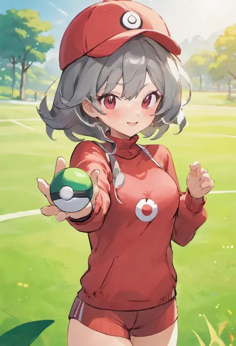 hight resolution, 1womanl,Pose with arm extended forward, 独奏,Holding a pokeball in your hands, gray eyes, gray hairs, red glasses,Red baseball cap, Red knitted turtleneck with long sleeves, white shorts, strap,  grassy, Def fields, The best smile, Stick yo...