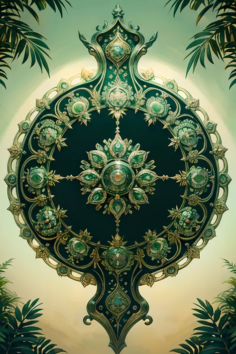 A round ornamental six pointed mandala made of radiating green vegetation, plants, flowers and vines.