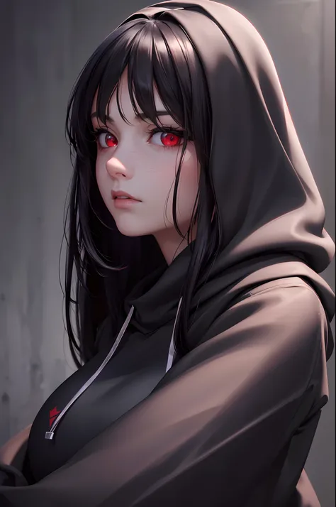 (best quality,4k,8k,highres,masterpiece:1.2),ultra-detailed,(realistic,photorealistic,photo-realistic:1.37),portrait,woman,long black hair,intense red eyes,serious expression,big breasts,black hoodie with a hood,hood up,shadowy background,dramatic lighting