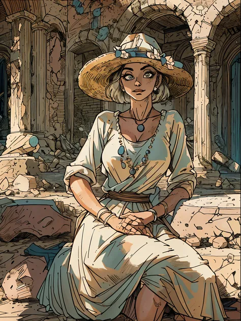 village belle sitting on a stone table, (extremely detailed face and eyes), (mature face), spread legs, , ancient ruins background, beautiful shadow and lighting, retro fashion, muted pastel colors