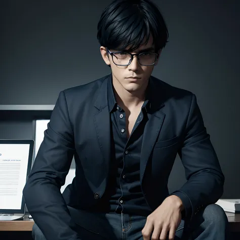 Man writer of horror stories, Short hair with bangs and square blue glasses with navy blue blazer, Camisa social preta, Navy blue jeans and black all-star sneakers on black and white home office background, 8k, HD.