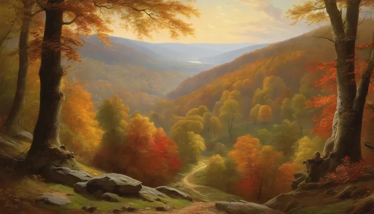 autumn woodland scene overlooking hills, trees at the side of the shot, looking through trees onto valley, Asher Brown Durand, Camille Pissarro style --no frames, canvas