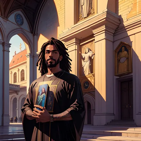 Take a picture of Black Jesus in the worlds most expensive branded clothes hunting a Jordan, HDR, sombras escuras, comic, obra prima, 8k,4k, Hyper res, olhando para o telespectador, Scenery in front of a church, bible to use, Holding the bible.