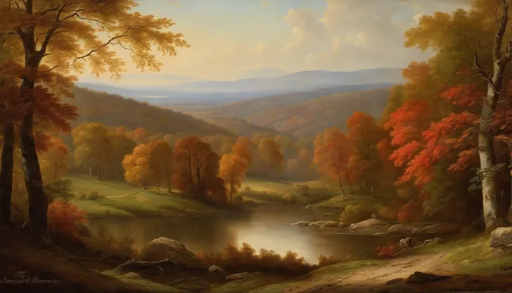 autumn woodland scene overlooking hills, trees in full view and at the side of the image, looking through trees onto valley, Asher Brown Durand, Camille Pissarro style --no frames, canvas