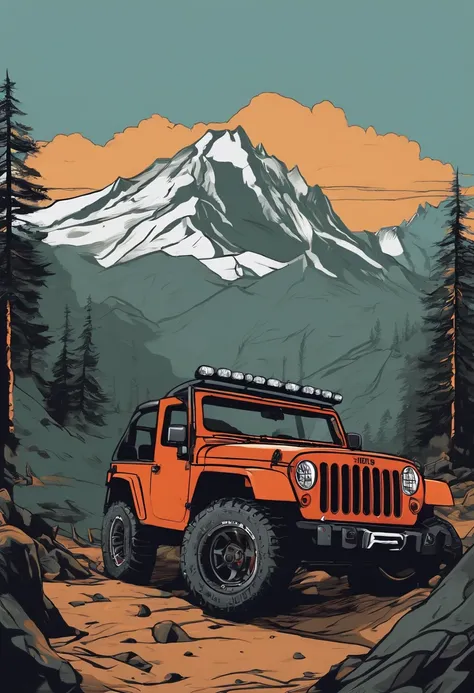 /imagine prompt: Design a off-road club page ROUND logo anime in the form of a jeep climbing a muddy mountain . Underneath it is written "TRILHOS AOS MONTES", in bold outline style, jagged edges, trashcore, light shading --v 5.2