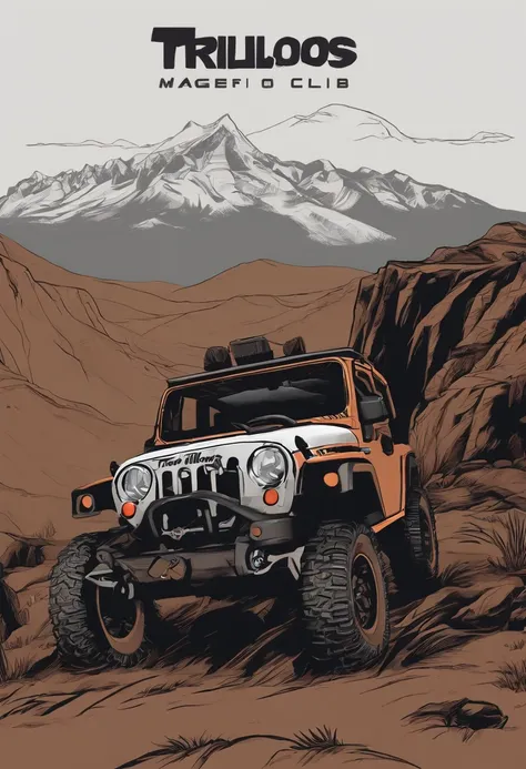 /imagine prompt: Design a off-road club page ROUND logo anime in the form of a jeep climbing a muddy mountain . Underneath it is written "TRILHOS AOS MONTES", in bold outline style, jagged edges, trashcore, light shading --v 5.2