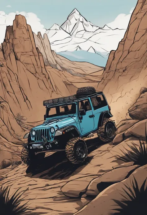 /imagine prompt: Design a off-road club page ROUND logo anime in the form of a jeep climbing a muddy mountain . Underneath it is written "TRILHOS AOS MONTES", in bold outline style, jagged edges, trashcore, light shading --v 5.2