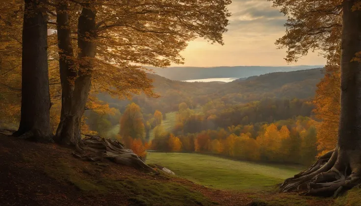 autumn woodland scene overlooking hills, trees at the side of the shot, looking through trees onto valley, Asher Brown Durand, Camille Pissarro style --no frames, canvas