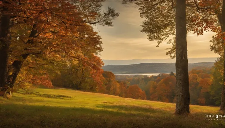 autumn woodland scene overlooking hills, trees at the side of the shot, looking through trees onto valley, Asher Brown Durand, Camille Pissarro style --no frames, canvas