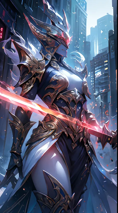 "An awesome paladin wields a sword full of light, Exudes powerful light magic. Set in a dark and mysterious cityscape, Illuminated by the light of the Paladins Sword. The composition is professionally crafted, Amazing attention to detail and cinematic ligh...