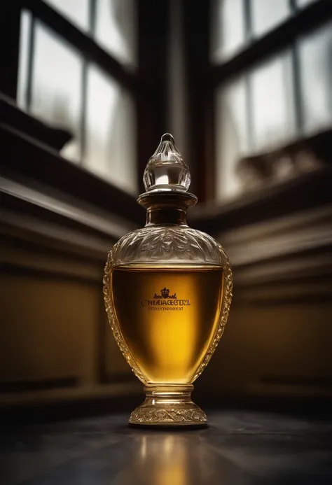 realistic photography, advertising, product, front view, yellow round perfume bottle, on top of the floor of the long corridor of the royal castle, windows on the side, volumetric light, cinematic, high details, contrast, color grading, sharpness, depth ef...