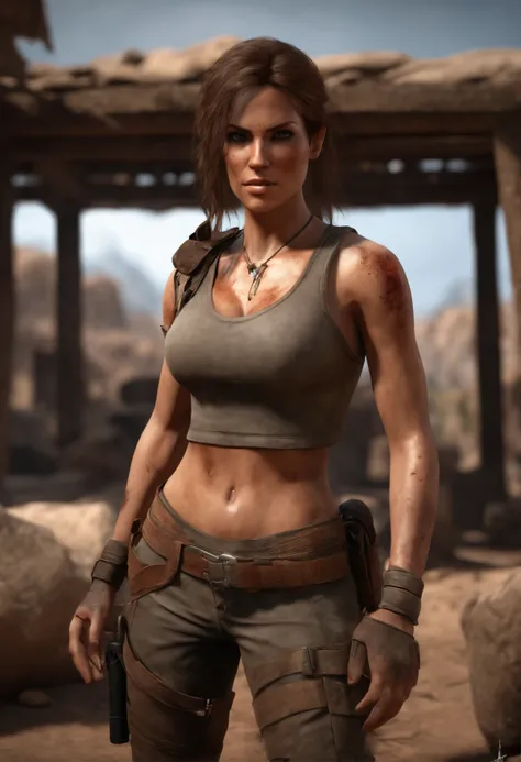 a detailed illustration of Lara Croft, in a 3D rendered style, torn shirt, ripped short shorts, muddy dirty, blood on her body and clothes, muddy face, she sitting at a campsite, with her signature dual pistols, fierce determination, lean body, medium brea...