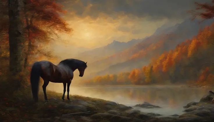 painting of a mountain scene with a lone horse in the foreground, tonalism style, tonalism painting, tonalism, tonalism!, inspired by Asher Brown Durand, inspired by Benjamin Williams Leader, inspired by William Trost Richards, james bama, inspired by John...