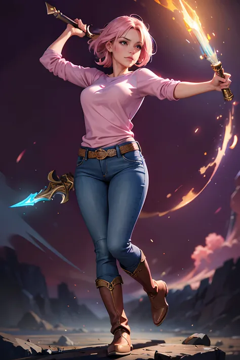 (mature woman,pink top,blue jeans,warrior,holding blue sword,boots,masterpiece,dynamic pose,interesting background), oil painting, detailed brushwork, vibrant colors, realistic lighting, portrait style, warm color tones.