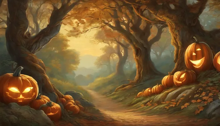 haunted forest, pathway through the tree, pumpkins on the ground, Asher Brown Durand, Camille Pissarro style --no frames, canvas