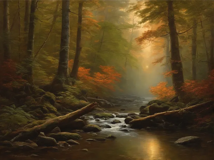 inspired by Asher Brown Durand, inspired by Benjamin Williams Leader, inspired by William Trost Richards, james bama, inspired by John Frederick Kensett, forest landscape, painting of a forest, by Hermann Rüdisühli