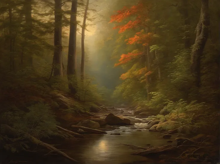 inspired by Asher Brown Durand, inspired by Benjamin Williams Leader, inspired by William Trost Richards, james bama, inspired by John Frederick Kensett, forest landscape, painting of a forest, by Hermann Rüdisühli