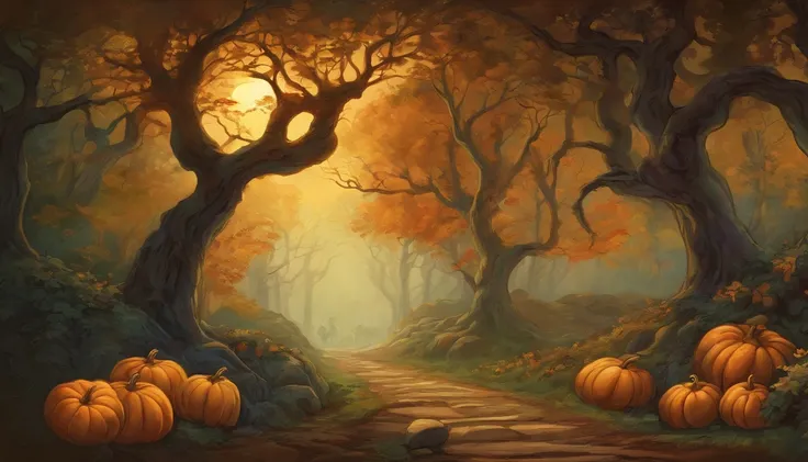 haunted forest, pathway through the tree, pumpkins on the ground, Moonlight through the trees, Asher Brown Durand, Camille Pissarro style --no frames, canvas