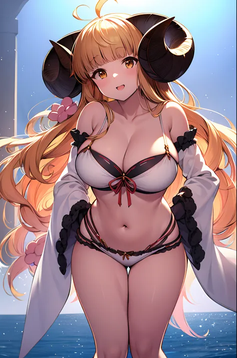 anila from granblue fantasy,  ram horns, fluffy sheep, solo, standing, beautiful body, pristine face, perfect hands,