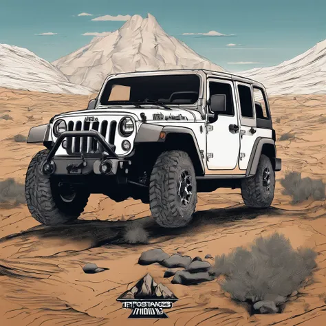 /imagine prompt: Design a off-road club page ROUND logo anime in the form of a jeep climbing a muddy mountain . Underneath it is written "TRILHOS AOS MONTES", in bold outline style, jagged edges, trashcore, light shading --v 5.2