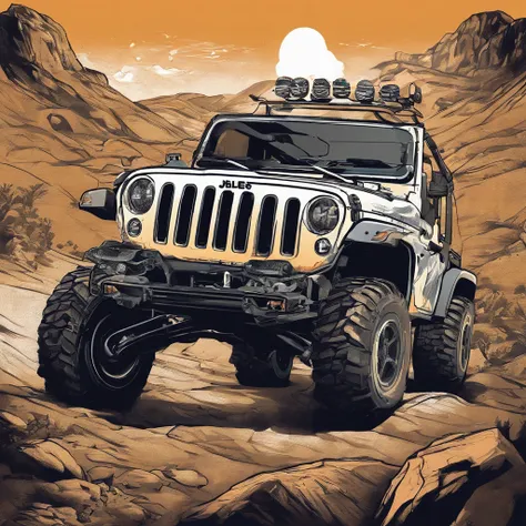 /imagine prompt: Design a off-road club page ROUND logo anime in the form of a jeep climbing a muddy mountain . Underneath it is written "TRILHOS AOS MONTES", in bold outline style, jagged edges, trashcore, light shading --v 5.2