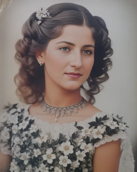 Un primer plano de una mujer con un vestido floreado y una foto en blanco y negro, Foto antigua en color, old color photograph, Foto vintage en color, Se parece a Ebru Sahin, Una foto coloreada, Imagen antigua, foto antigua, Foto antigua realista, Foto muy...