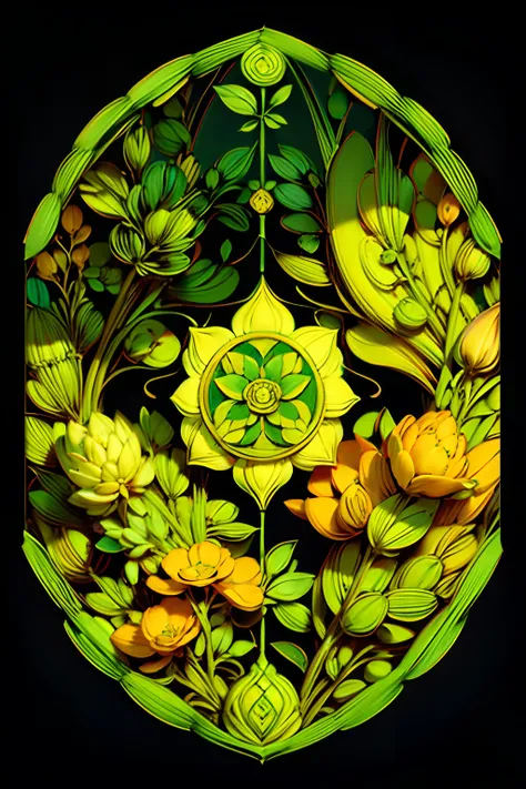 A round ornamental six pointed mandala made of radiating green vegetation, plants, flowers and vines.