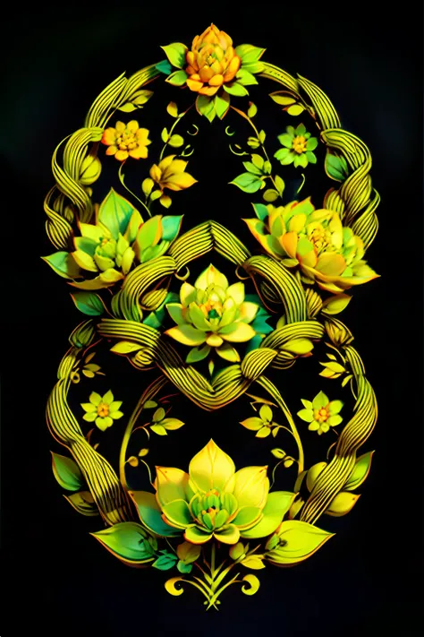 A round ornamental six pointed mandala made of radiating green vegetation, plants, flowers and vines.