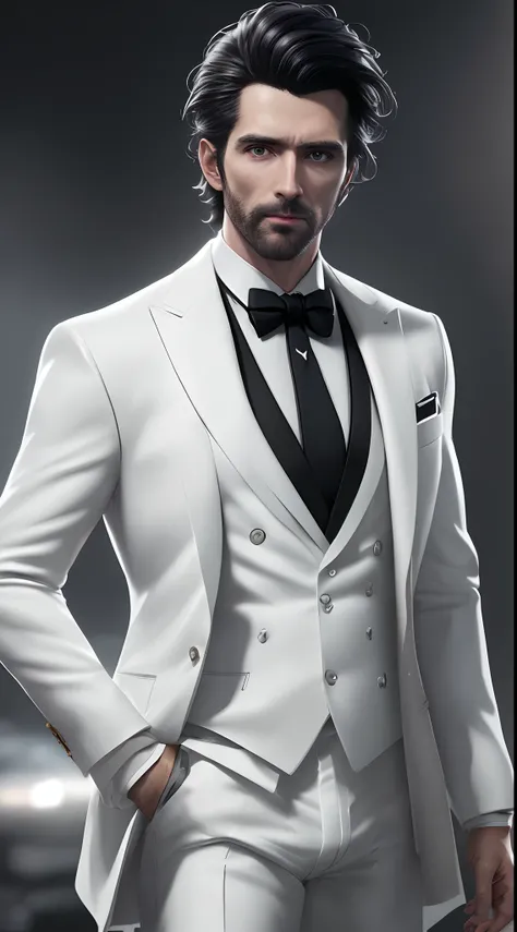 a black-haired man wearing a white suit 8k unreal engine 5