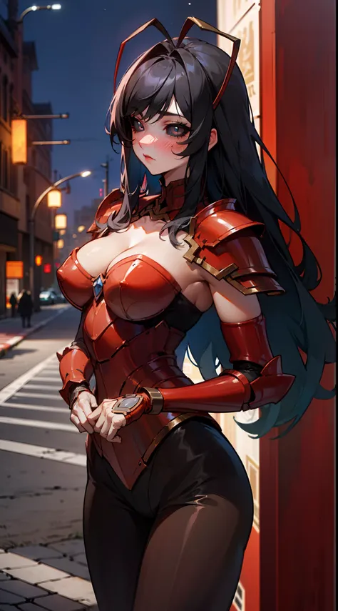 (Original Character,8k, Masterpiece, Best Quality,Detailed, Beautiful Detailed Eyes, solo),mature female,tall, fine skin,cleavage,blush,cowboy shot,black eyes,black sclera,black hair,long hair,(hair 2antennas),road in night city,((red armor)),black pantyho...