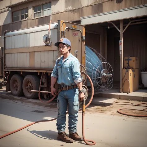 The worker stands and holds the hose from the  truck --auto --s2