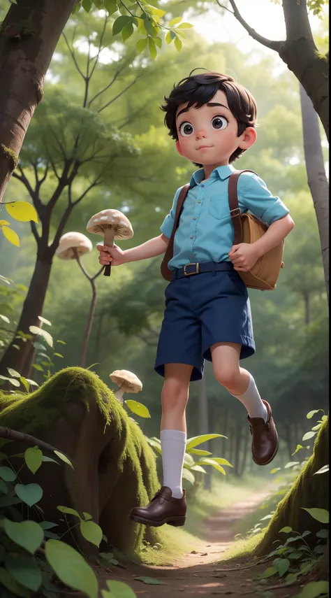 A Jornada dos Pequenos Exploradores: a little boy with a white mushroom head jumping in the forest, com uma pequena mochila azul nas costas, sem camisa, bermuda branca, bota de trilha branca