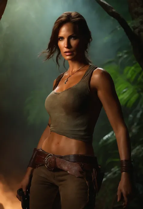 cowboy shot of lara croft, torn clothes, volumetric light, steaming body, particles, jungle, realistic