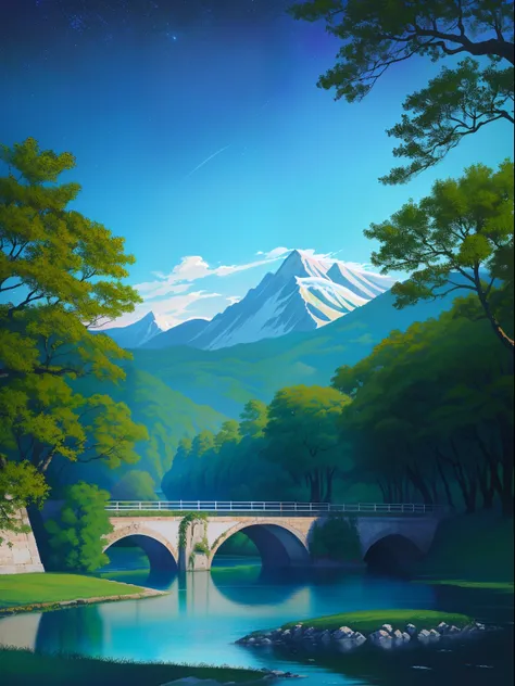 a painting of a lake with trees and a bridge in the background, com lua Clara, starly sky, scenery artwork, noite de outono, scenery art detailed, arte de fundo, arte bonita, arte de fundo do anime, paisagem natural noturna, bela cena detalhada, beautiful ...