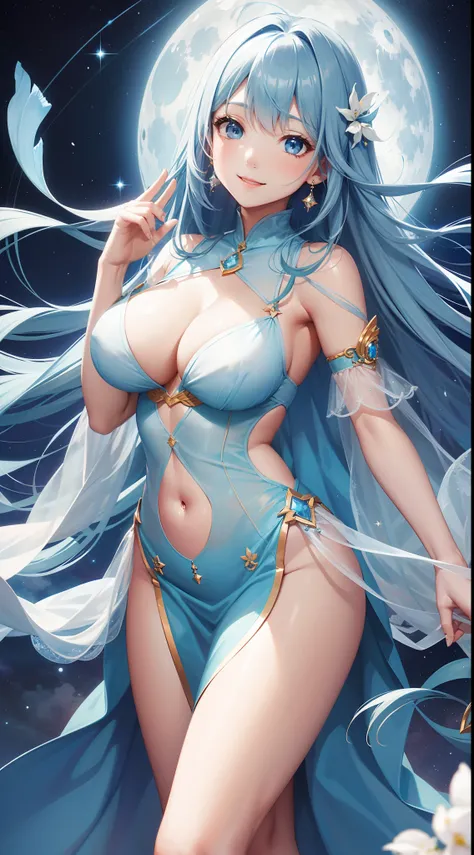 Pretty girl、A charming smile、Blue Long Hair、Engaging pose、See-through blue and white sexy outfit、Fantasia、Crystal jade、constellation、a moon、Fantastic background