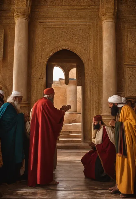 Um judeu fariseu com roupas religiosas pomposa judaica e um publicano no templo orando. The Pharisee praying standing with his hands up proudly and the publican on his knees sad countenance with a face asking for mercy