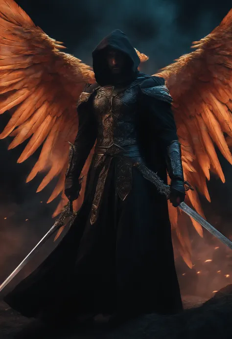 Realistic, 4K, Angels with big wings, Black clothes, one sword, Head hood in war background image (chaos)